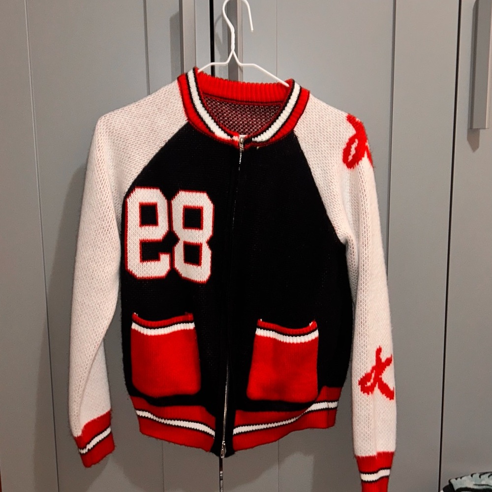 Sweater Jacket Black, White & Red Varsity Zip Cardigan with 89
